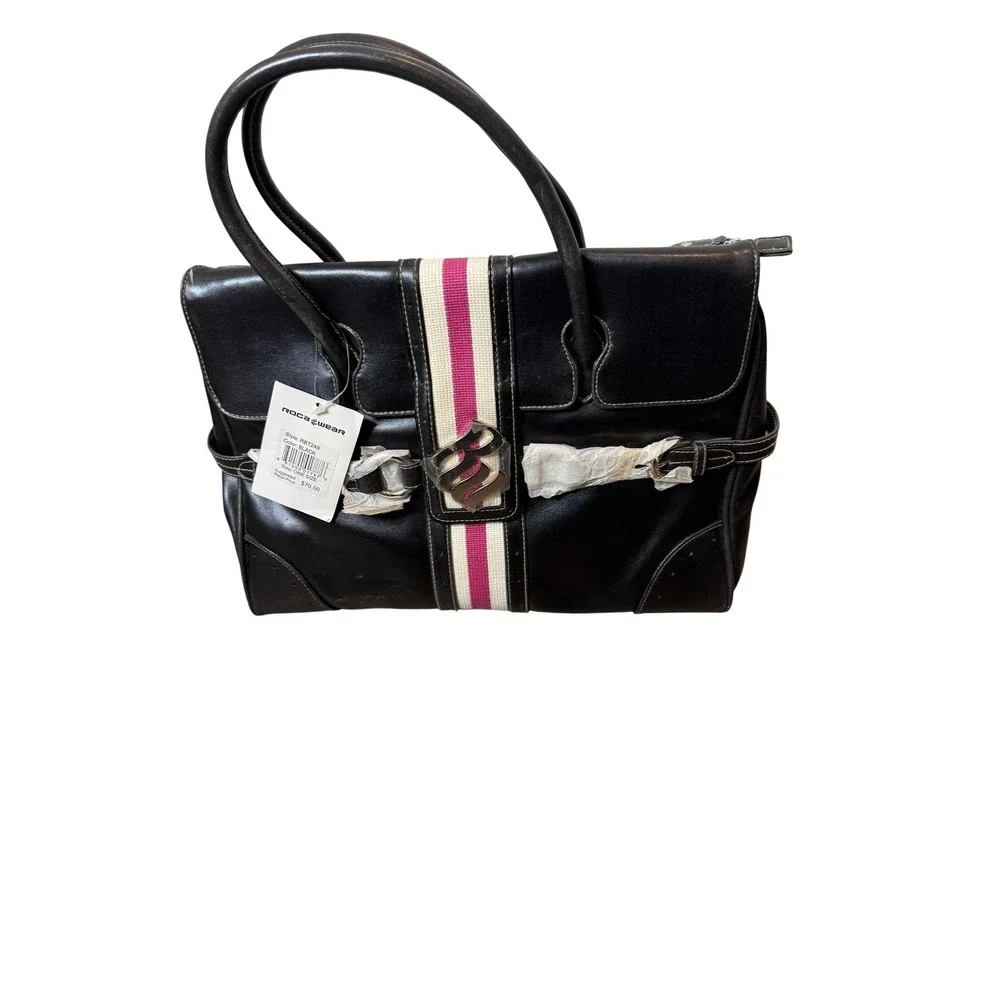 Rocawear Satchel Bag Womens Large Black Faux Leather Stripe Pink Lining Logo Y2K